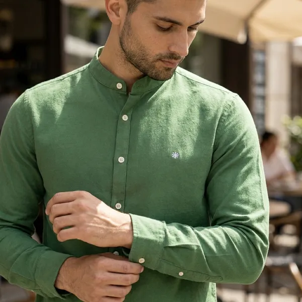 Olive_Green_Mandarin_Collar_Casual_Shirt