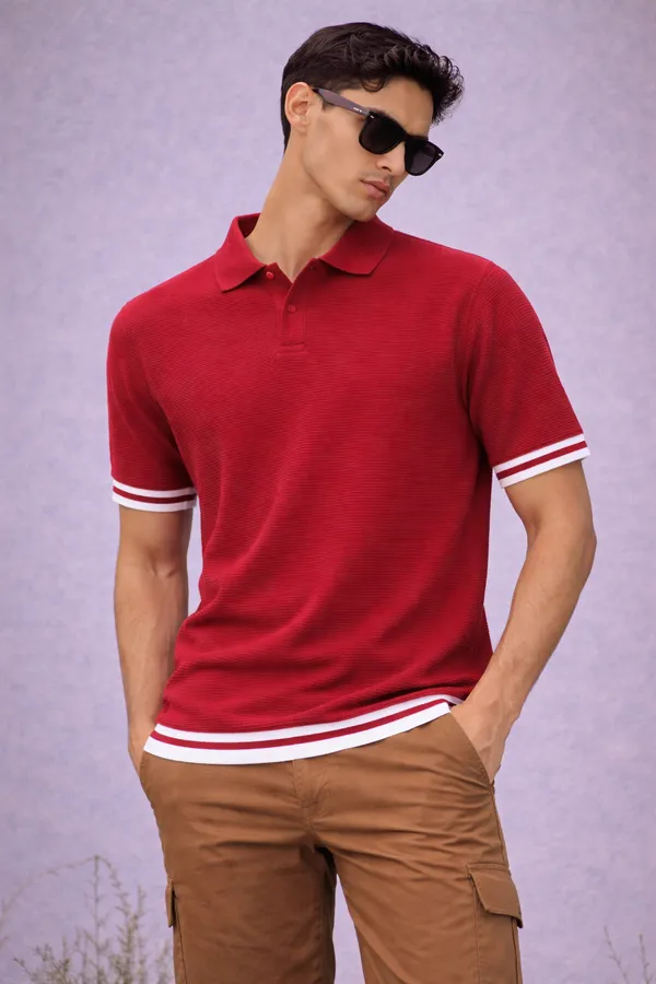 Red_Polo_T-Shirt_With_Striped_Hem_And_Sleeves