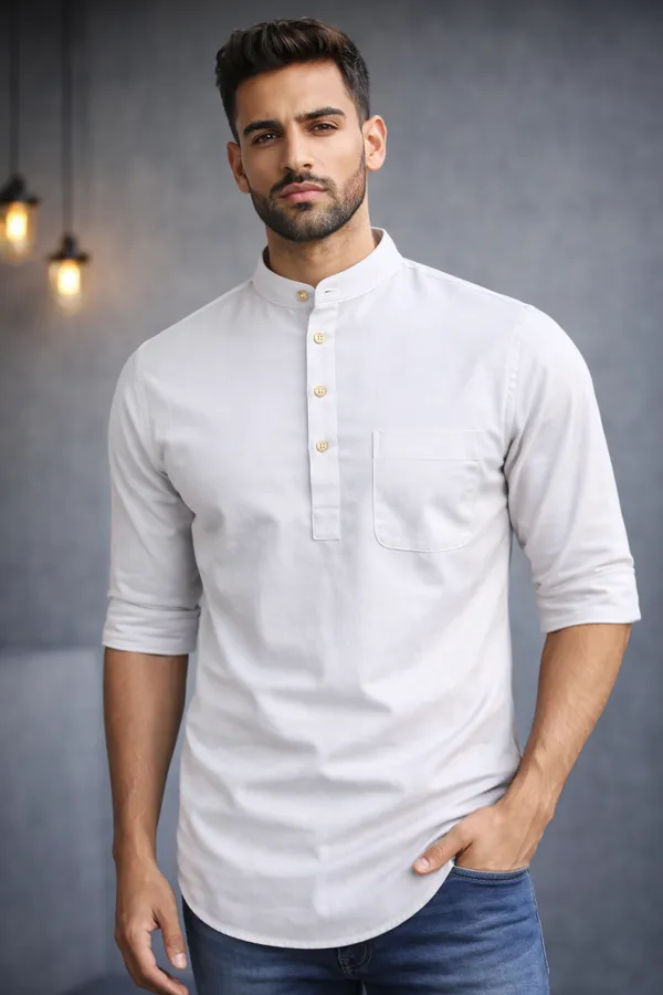 White_Mandarin_Collar_Cotton_Kurta_With_Button_Placket