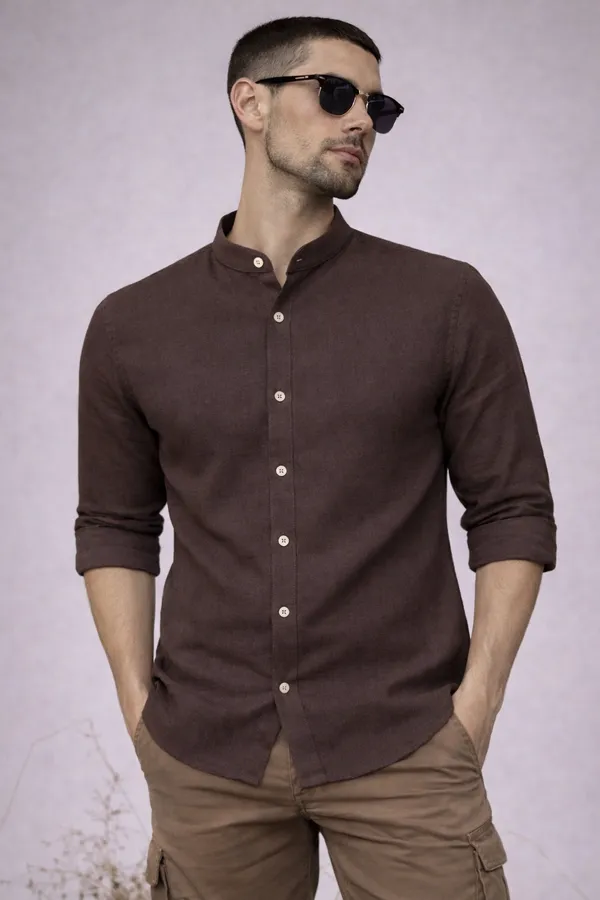 Brown_Mandarin_Collar_Long_Sleeve_Casual_Shirt