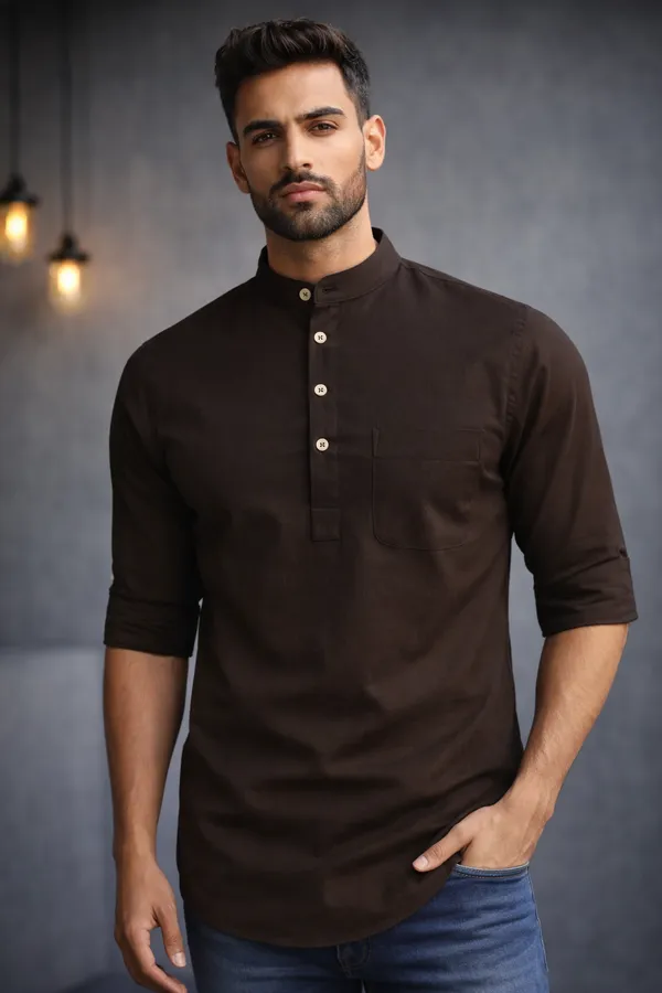 Brown_Short_Kurta_With_Mandarin_Collar