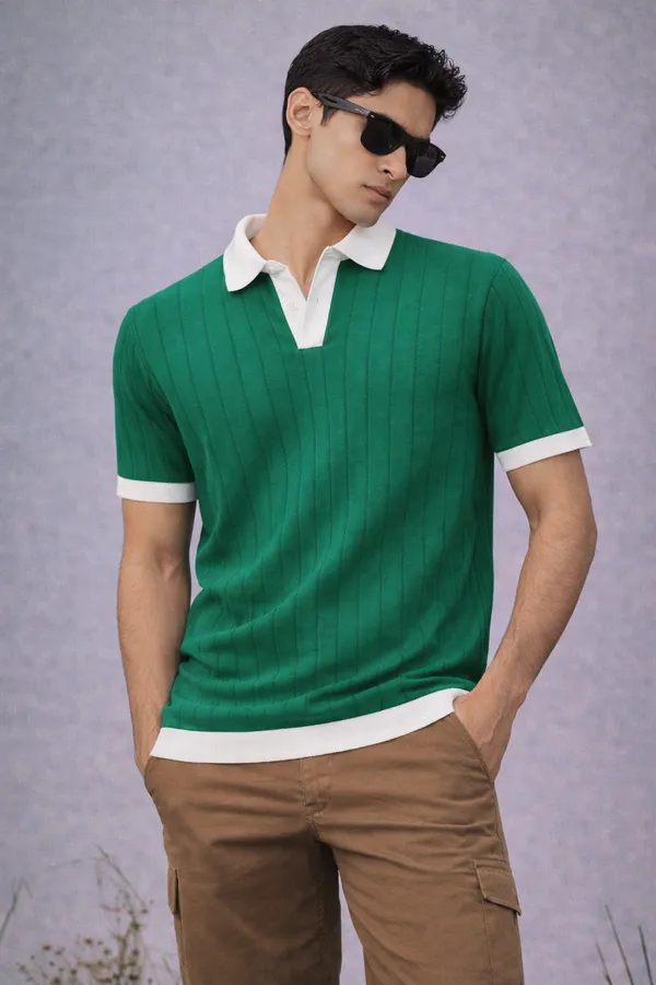 Green_Ribbed_Polo_Neck_Knit_T-Shirt_With_White_Contrast_Trim
