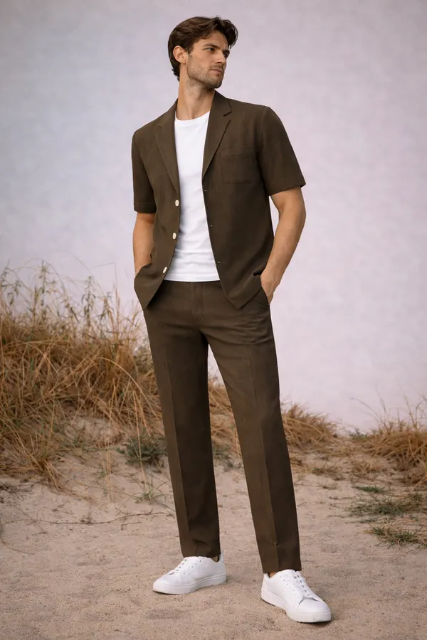 Brown_Short_Sleeve_Linen_Suit_With_White_Sneakers