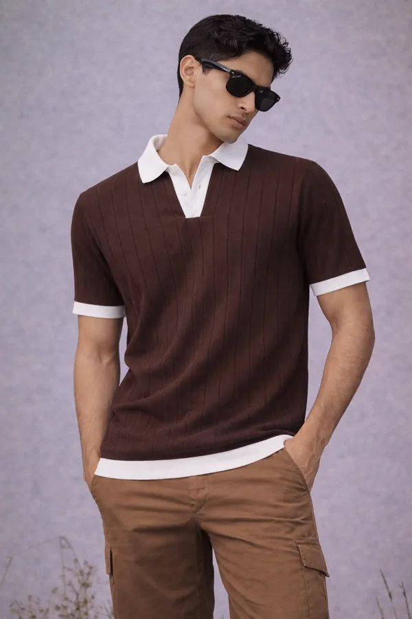Brown_And_White_Short_Sleeve_Polo_Shirt_With_Pintuck_Detailing