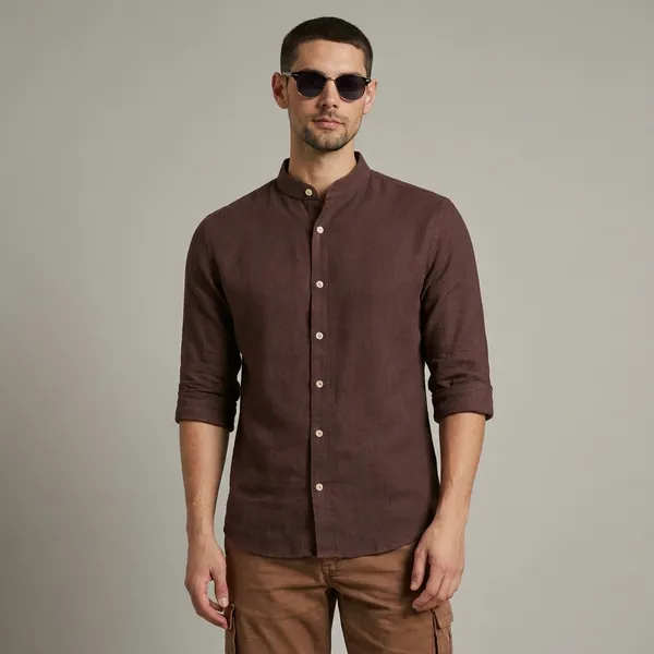 Brown_Mandarin_Collar_Long_Sleeve_Casual_Shirt