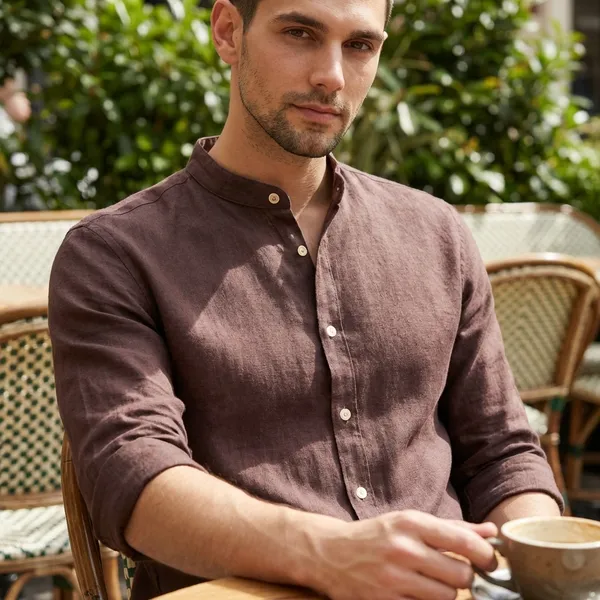 Brown_Mandarin_Collar_Long_Sleeve_Casual_Shirt
