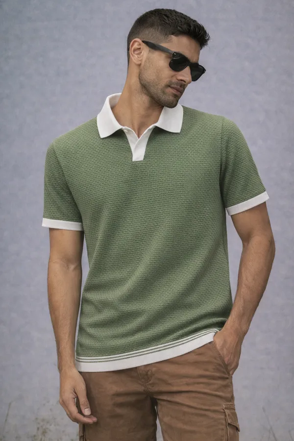 Green_Textured_Knit_Polo_T-Shirt_With_Contrast_White_Collar_And_Trim