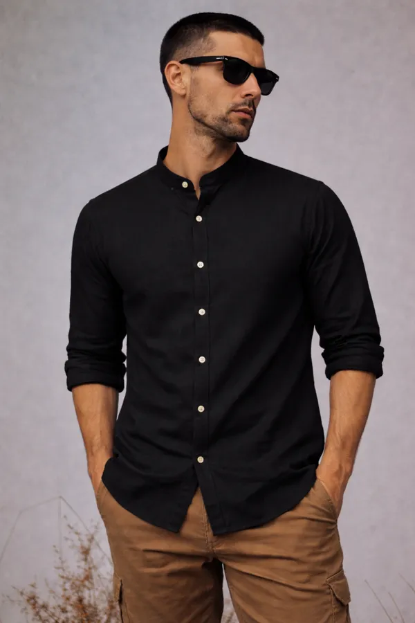 Black_Mandarin_Collar_Long_Sleeve_Casual_Shirt