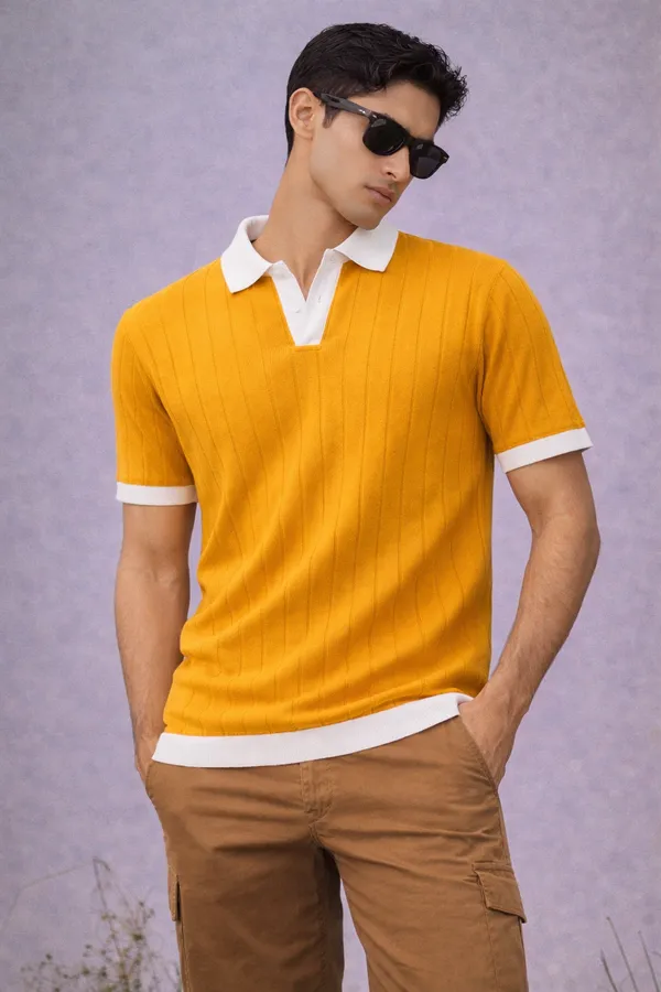 Yellow_Ribbed_Polo_T-Shirt_With_White_Contrast_Collar_And_Cuffs