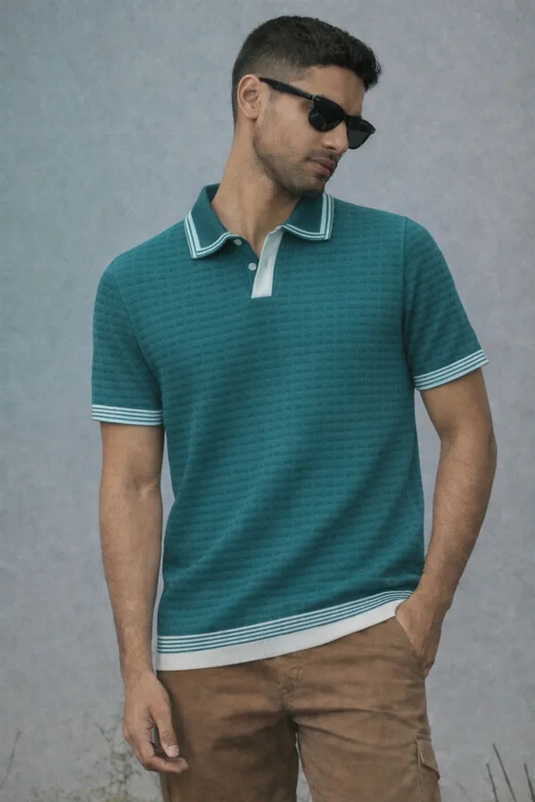 Teal_Textured_Polo_T-Shirt_With_Contrast_Tipping