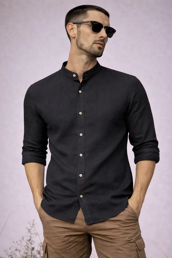 Black_Linen_Mandarin_Collar_Shirt