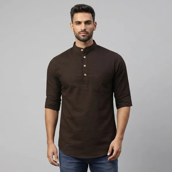 Brown_Short_Kurta_With_Mandarin_Collar