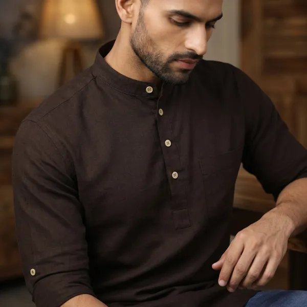 Brown_Short_Kurta_With_Mandarin_Collar