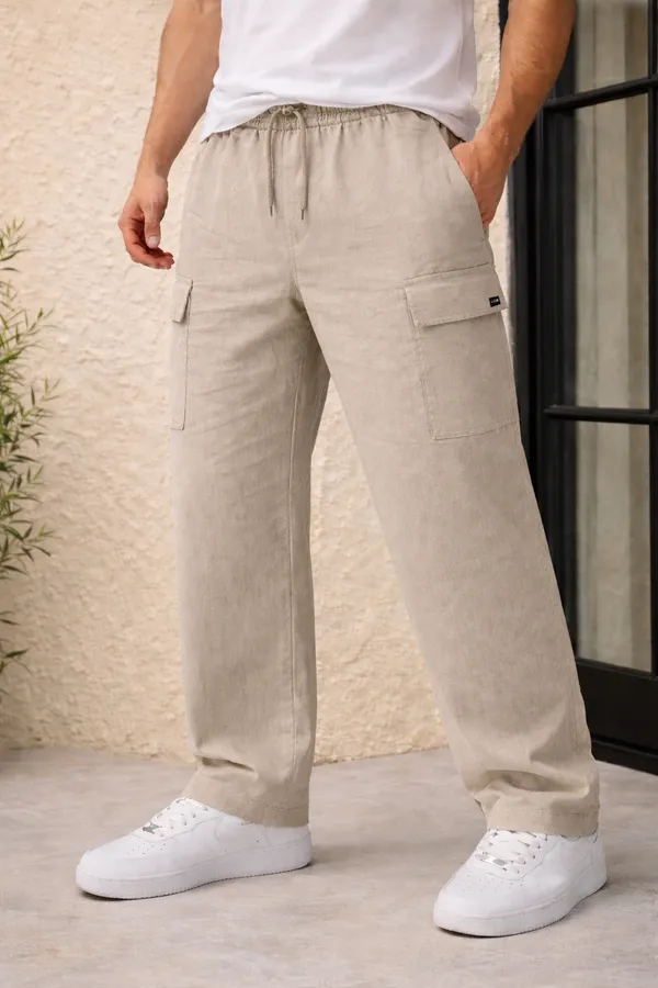 Beige_Cargo_Pants_With_Drawstring_Waist_And_Multiple_Pockets