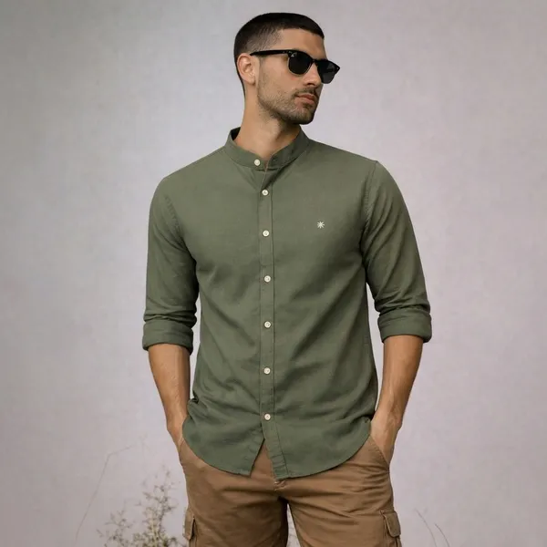 Olive_Green_Mandarin_Collar_Cotton_Shirt