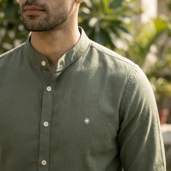 Olive_Green_Mandarin_Collar_Cotton_Shirt