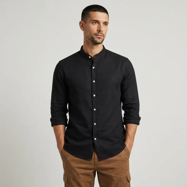 Black_Mandarin_Collar_Long_Sleeve_Casual_Shirt