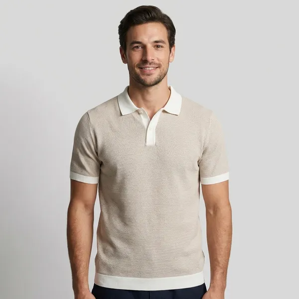 White_Textured_Knit_Polo_Shirt