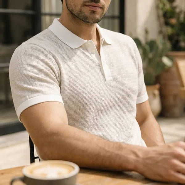 White_Textured_Knit_Polo_Shirt