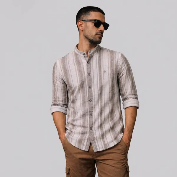 Beige_And_White_Striped_Mandarin_Collar_Shirt
