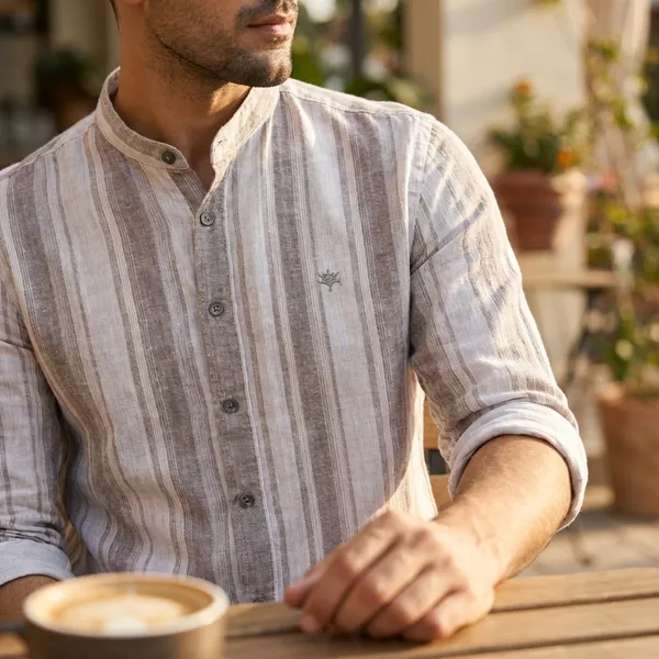 Beige_And_White_Striped_Mandarin_Collar_Shirt