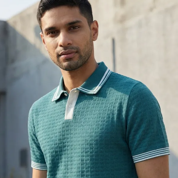 Teal_Textured_Polo_T-Shirt_With_Contrast_Tipping