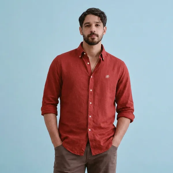Rust_Red_Linen_Button-Down_Casual_Shirt