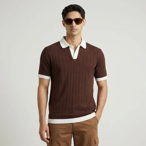 Brown_And_White_Short_Sleeve_Polo_Shirt_With_Pintuck_Detailing