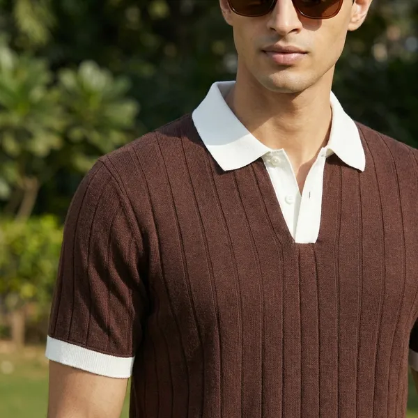 Brown_And_White_Short_Sleeve_Polo_Shirt_With_Pintuck_Detailing