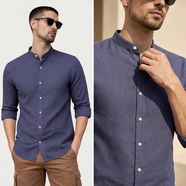 Navy_Blue_Mandarin_Collar_Cotton_Shirt_For_Men