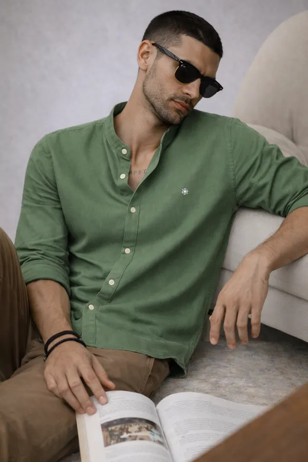 Olive_Green_Mandarin_Collar_Casual_Shirt