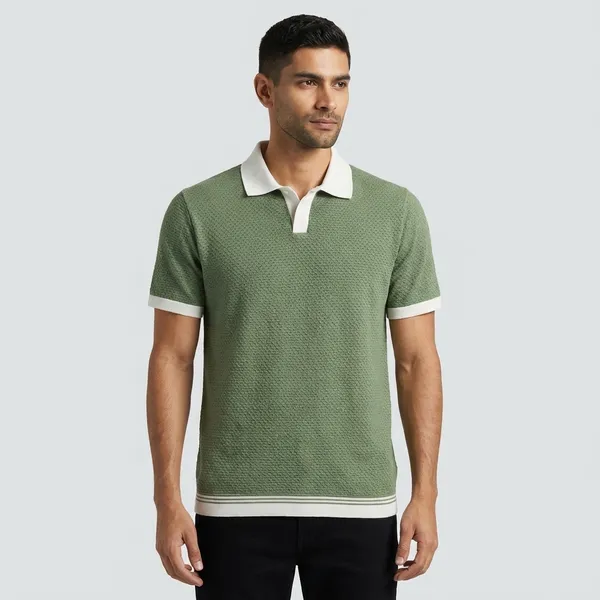 Green_Textured_Knit_Polo_T-Shirt_With_Contrast_White_Collar_And_Trim