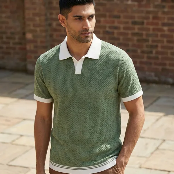 Green_Textured_Knit_Polo_T-Shirt_With_Contrast_White_Collar_And_Trim