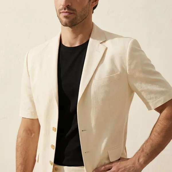 Cream_Short_Sleeve_Suit_Set_With_Black_T-Shirt