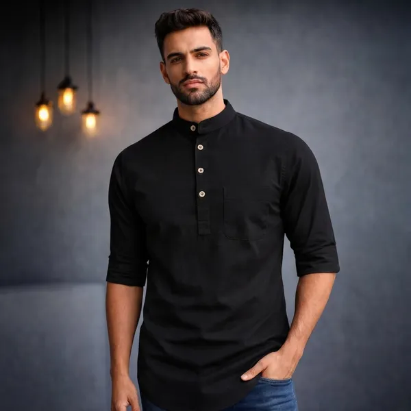 Black_Cotton_Kurta_With_Mandarin_Collar
