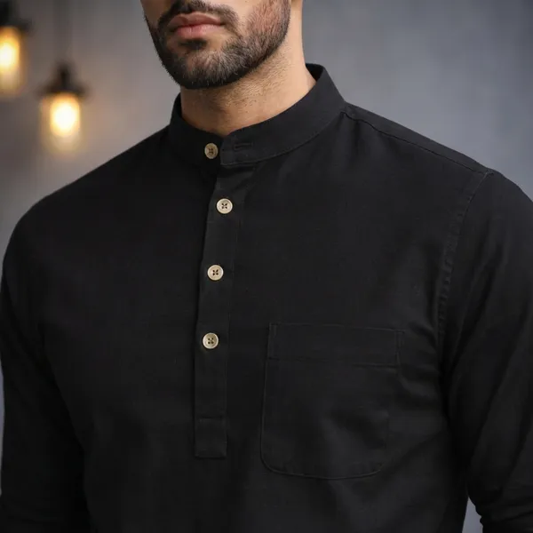 Black_Cotton_Kurta_With_Mandarin_Collar