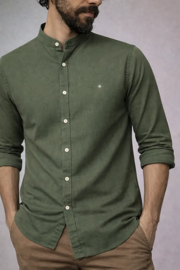 Olive_Green_Mandarin_Collar_Cotton_Shirt