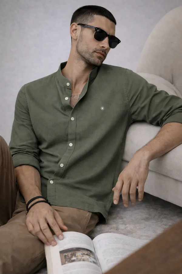Olive_Green_Mandarin_Collar_Cotton_Shirt