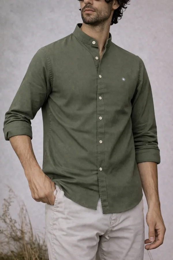 Olive_Green_Mandarin_Collar_Cotton_Shirt