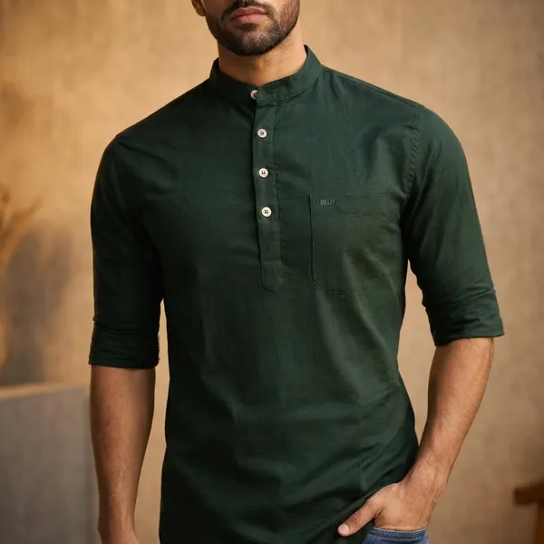 Dark_Green_Mandarin_Collar_Cotton_Kurta_Shirt