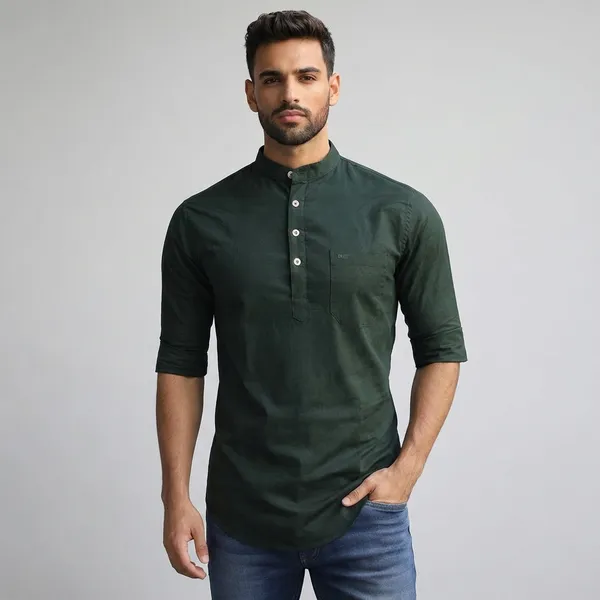 Dark_Green_Mandarin_Collar_Cotton_Kurta_Shirt