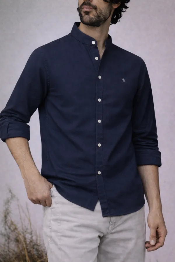 Navy_Blue_Mandarin_Collar_Casual_Shirt_For_Men