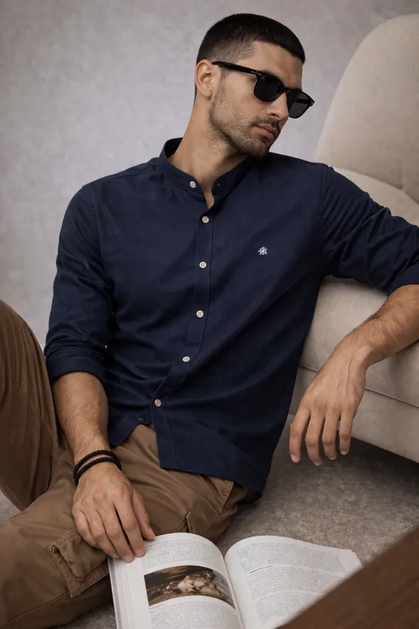 Navy_Blue_Mandarin_Collar_Casual_Shirt_For_Men