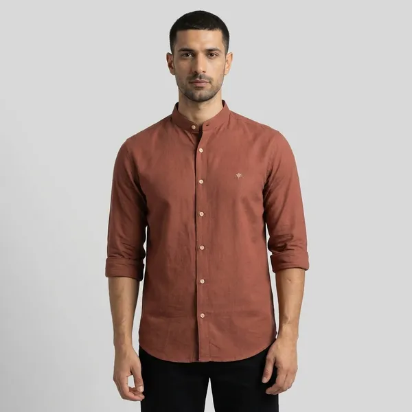 Rust_Brown_Mandarin_Collar_Casual_Shirt