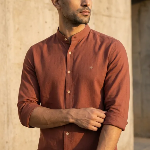 Rust_Brown_Mandarin_Collar_Casual_Shirt