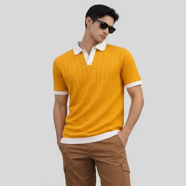 Yellow_Ribbed_Polo_T-Shirt_With_White_Contrast_Collar_And_Cuffs