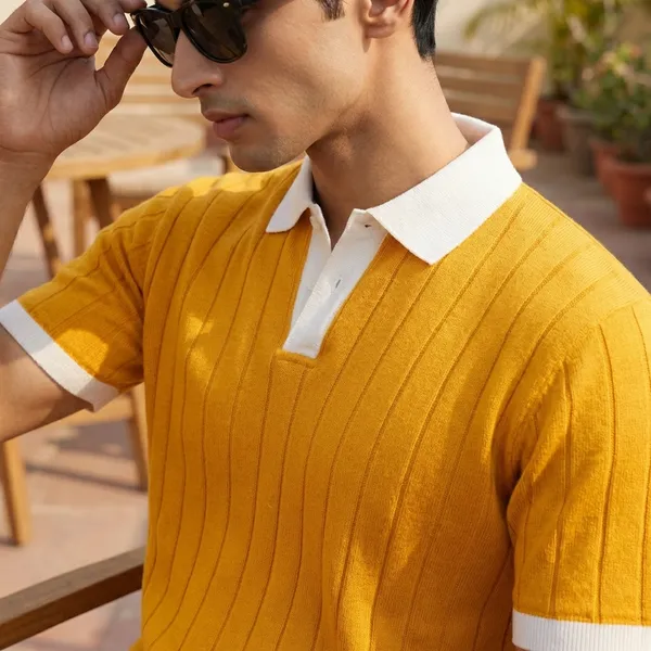 Yellow_Ribbed_Polo_T-Shirt_With_White_Contrast_Collar_And_Cuffs