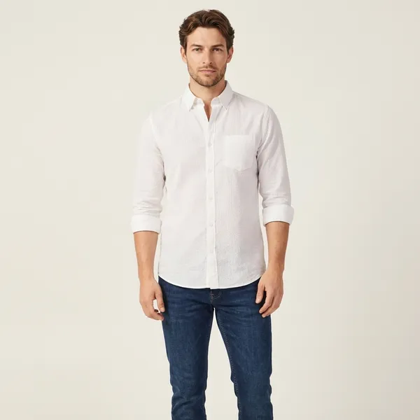 White_Textured_Button-Down_Casual_Shirt