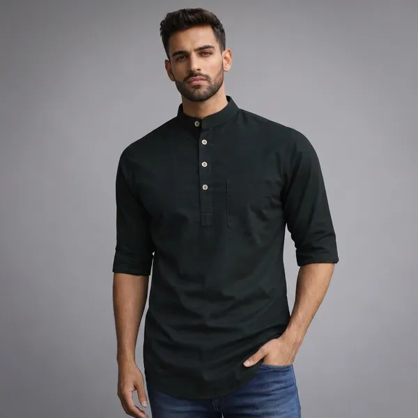 Black_Mandarin_Collar_Cotton_Kurta_With_Button_Placket
