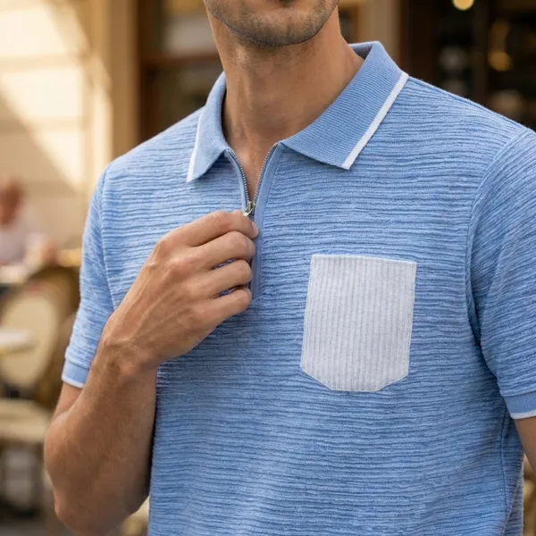 Blue_Textured_Polo_T-Shirt_With_Contrast_Trim_And_Pocket